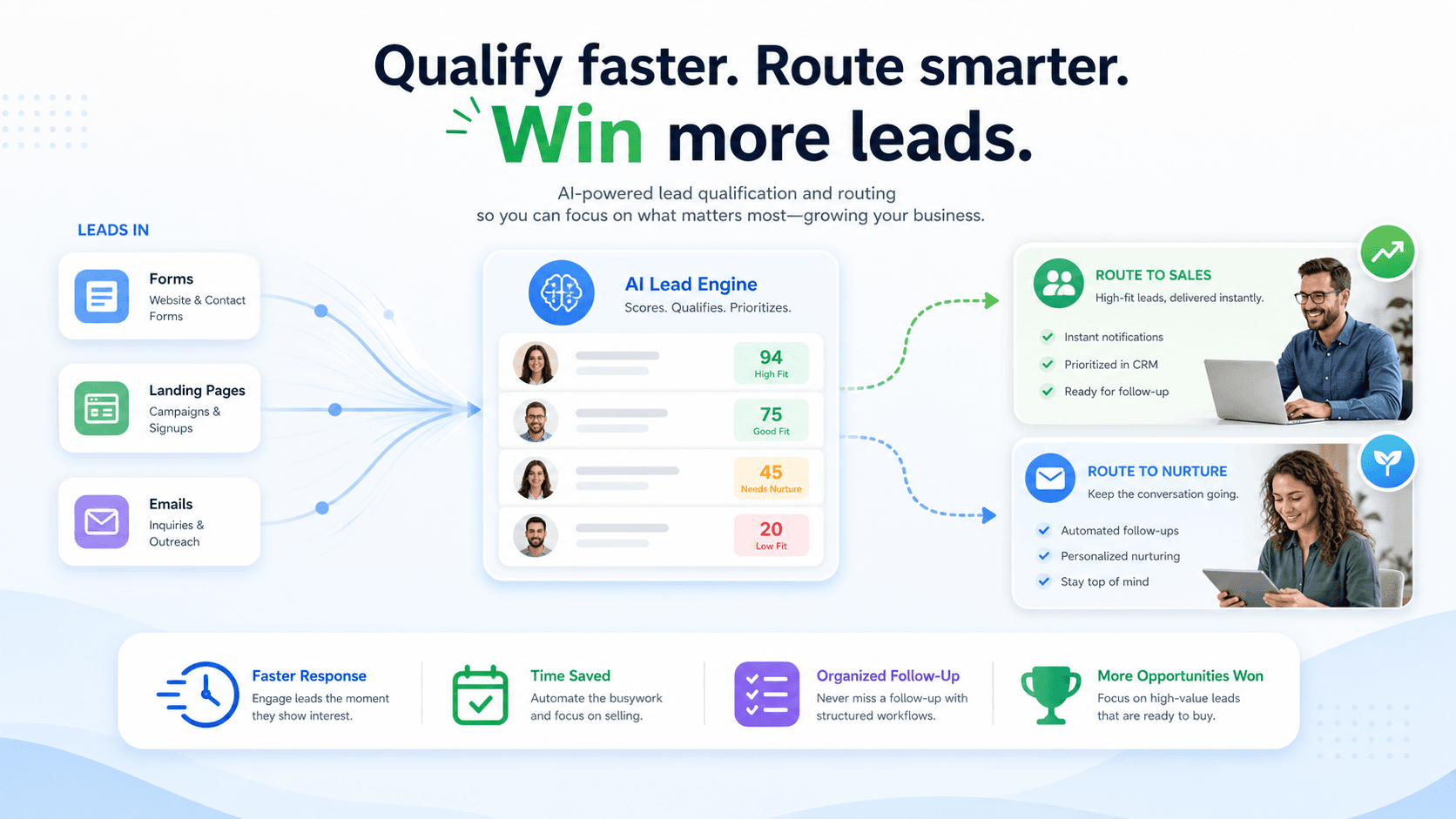 Lead qualification engine scoring incoming leads and routing them to sales or nurture.