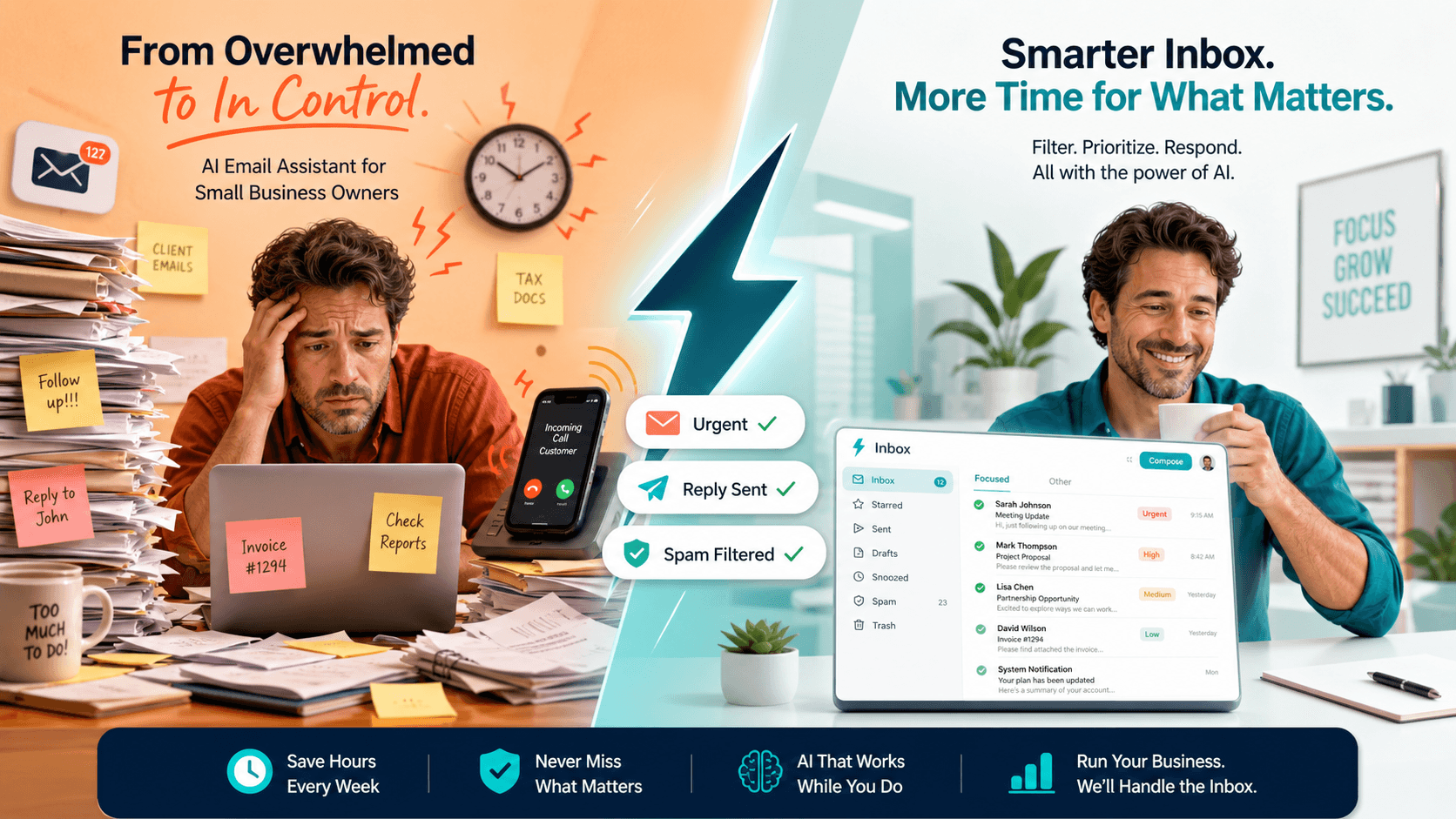 Smart Email Assistant moving a business owner from an overwhelmed inbox to a clear one.